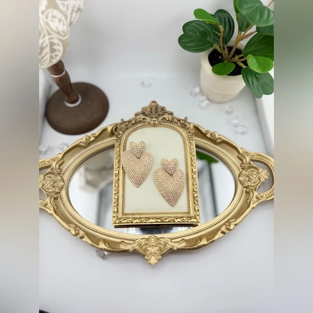 Statement Heart Earrings | Gold-Tone Rhinestone Drop Dangles